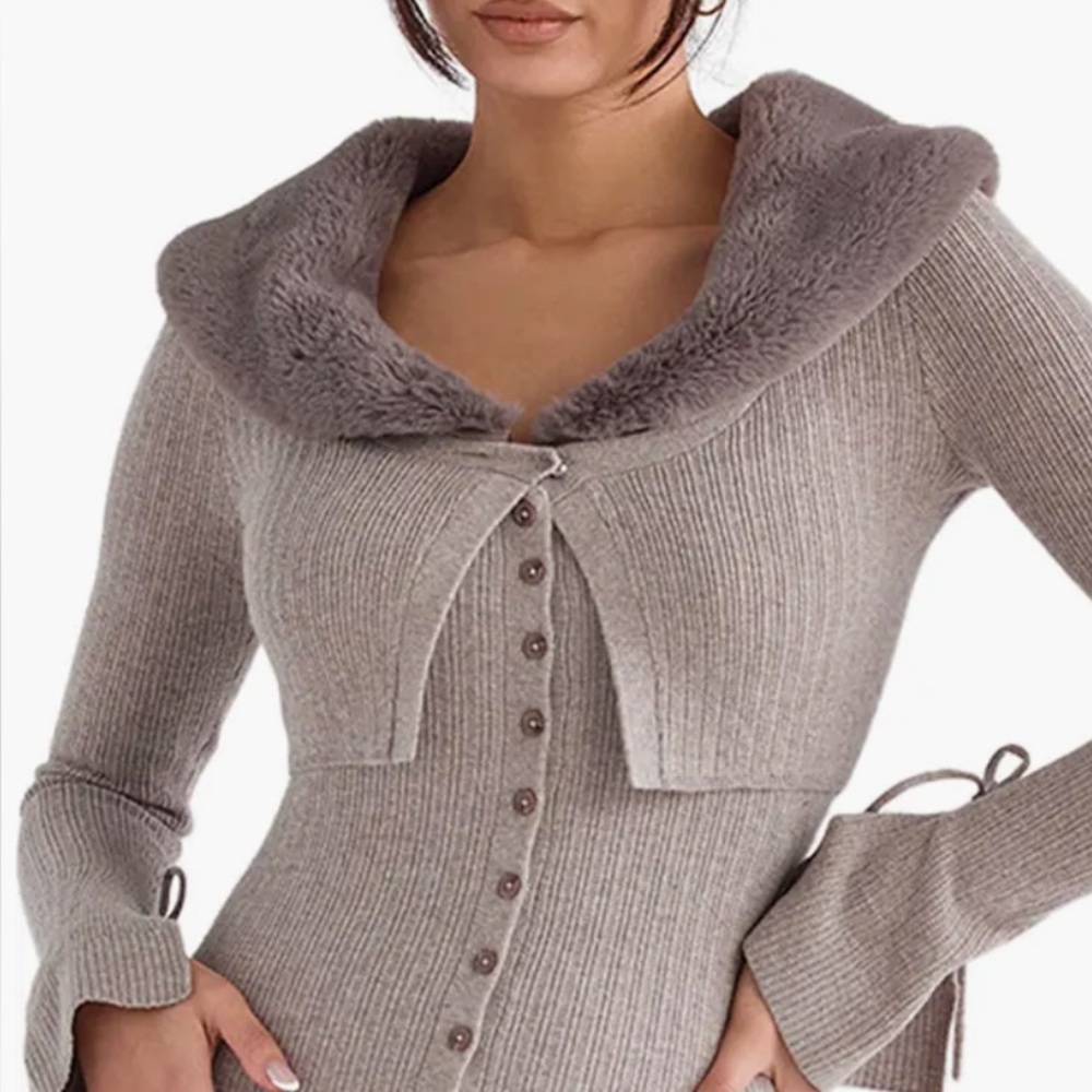 House of CB Gray Sweater with Faux Fur Collar
